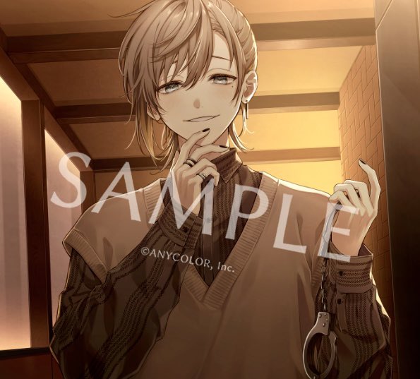 1boy black_nails black_shirt brick_wall brown_hair brown_sweater_vest collared_shirt copyright_notice cuffs ear_piercing earrings hair_between_eyes hand_on_own_chin handcuffs holding holding_handcuffs inaotteko_ze indoors jewelry kanae_(nijisanji) light_blush long_hair long_sleeves looking_at_viewer male_focus mole mole_under_eye multiple_rings nail_polish nijisanji official_art parted_lips piercing ponytail ring sample_watermark shirt short_ponytail smile smirk solo straight-on sweater_vest upper_body virtual_youtuber watermark