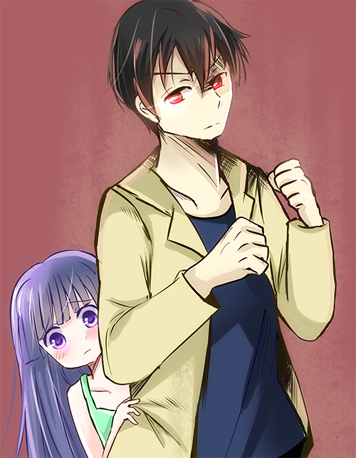 1boy 1girl akasaka_mamoru bad_id bad_pixiv_id blush brown_hair dress fighting_stance furude_rika hiding higurashi_no_naku_koro_ni jacket juugoya_neko long_hair peeking_out purple_eyes purple_hair red_eyes standing sundress