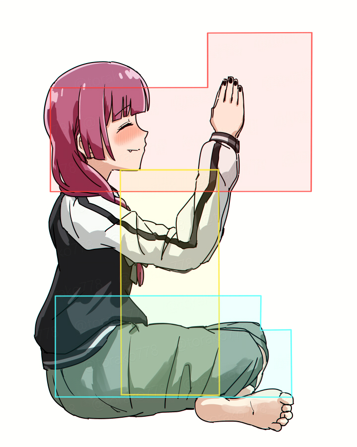 1girl ^_^ barefoot black_jacket black_nails blunt_bangs blush bocchi_the_rock! bow closed_eyes closed_mouth dress fang fang_out fighting_game fingernails from_side full_body green_bow green_dress guilty_gear hair_bow hair_over_shoulder hands_up hiroi_kikuri hitbox jacket long_hair long_sleeves low-braided_long_hair low-tied_long_hair medium_dress multicolored_jacket nail_polish nose_blush pink_hair potemkin_(guilty_gear) sideways_mouth simple_background sitting smile solo torako_(toramaru) twitter_username two-tone_jacket watermark white_background white_jacket