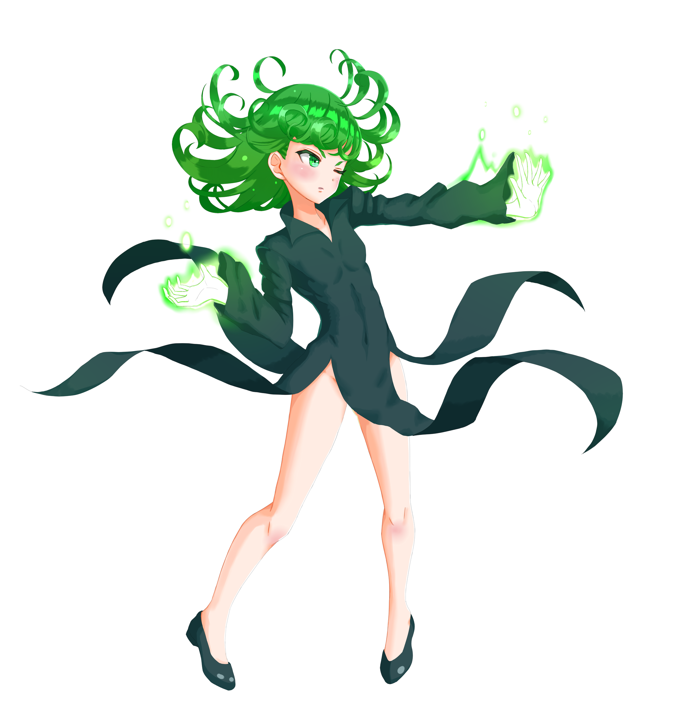 >;( 1girl ;( absurdres bare_legs black_dress black_shoes blush breasts closed_mouth collarbone covered_navel curly_hair dress energy fantasy female_focus floating floating_clothes floating_object flying frown full_body glowing glowing_hand glowing_hands green_eyes green_hair groin high_heels highres levitation lifting_own_clothes long_hair long_sleeves magic midriff no_panties one-punch_man pelvic_curtain popped_collar psychic shirokuro_(oyaji) shoes side_slit simple_background small_breasts solo tatsumaki telekinesis v-shaped_eyebrows white_background