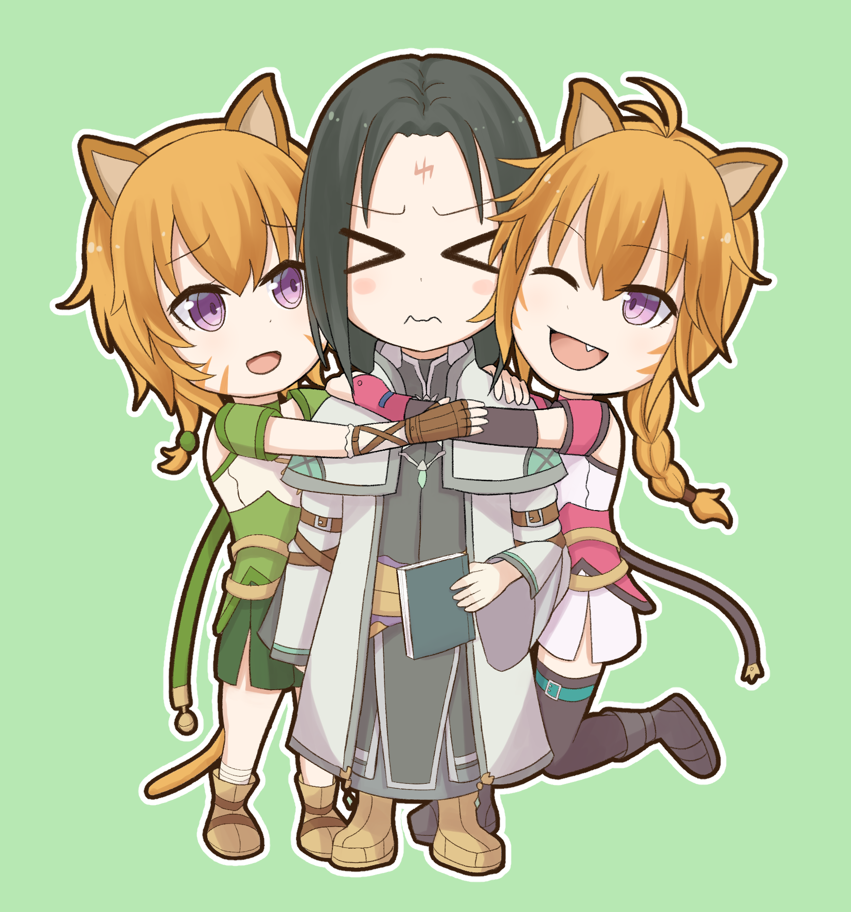1girl 2girls animal_ears atorie braid cat cat_ears cat_girl chibi collar commission commissioner_upload facepaint facial_mark fang fire_emblem fire_emblem:_path_of_radiance fire_emblem:_radiant_dawn green_background happy highres hug lethe_(fire_emblem) lyre_(fire_emblem) multiple_girls nintendo one_eye_closed siblings sisters soren_(fire_emblem) soren_(radiant_confidant)_(fire_emblem) twins