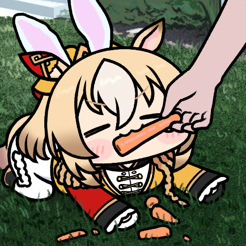 1girl :3 aiguillette all_fours animal_ears blonde_hair blush_stickers bodysuit carrot chibi closed_eyes commentary durandal_(umamusume) ear_covers fake_animal_ears food_in_mouth frilled_bodysuit frilled_sleeves frills holding holding_carrot horse_ears horse_girl horse_tail jacket jazz_jack long_hair lowres multicolored_hair on_grass outdoors photo-referenced rabbit_ears single_ear_cover solo tail two-tone_hair umamusume white_bodysuit white_hair yellow_jacket