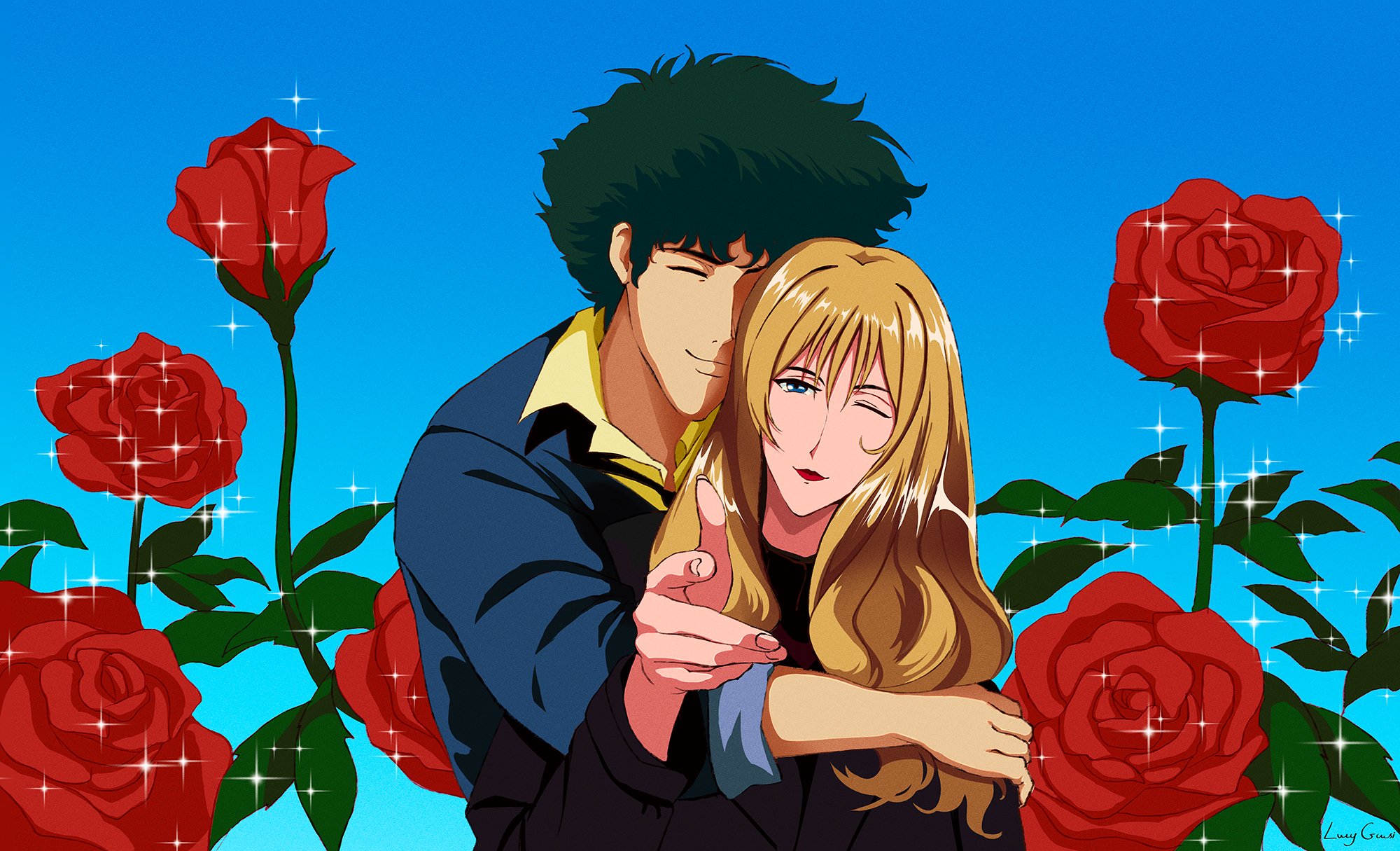 blue_eyes closed_eyes couple cowboy_bebop green_hair highres hug julia_(cowboy_bebop) lucy_guusi lucyguusi one_eye_closed shirt spike_spiegel white_shirt