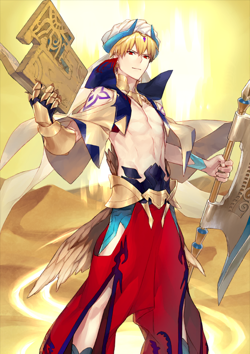 1boy arabian_clothes armor axe bare_shoulders battle_axe blonde_hair blue_vest book chain closed_mouth clothing_cutout cropped_vest desert dingir_(fate) double-parted_bangs earrings fate/grand_order fate_(series) feathers feet_out_of_frame gauntlets gem gilgamesh gilgamesh_(caster)_(fate) gilgamesh_(fate) ginka_sima gold_armor gold_collar hair_between_eyes hair_ornament hand_up hip_vent holding holding_axe holding_book jewelry legs_apart looking_at_viewer male_focus no_shirt official_art open_clothes open_vest outstretched_arms pants popped_collar puffy_pants purple_gemstone red_eyes red_pants sand short_hair short_sleeves shoulder_cutout shoulder_tattoo single_gauntlet smile solo standing tattoo third-party_source toned toned_male variant_set veil vest weapon white_turban white_veil wide_sleeves yellow_background