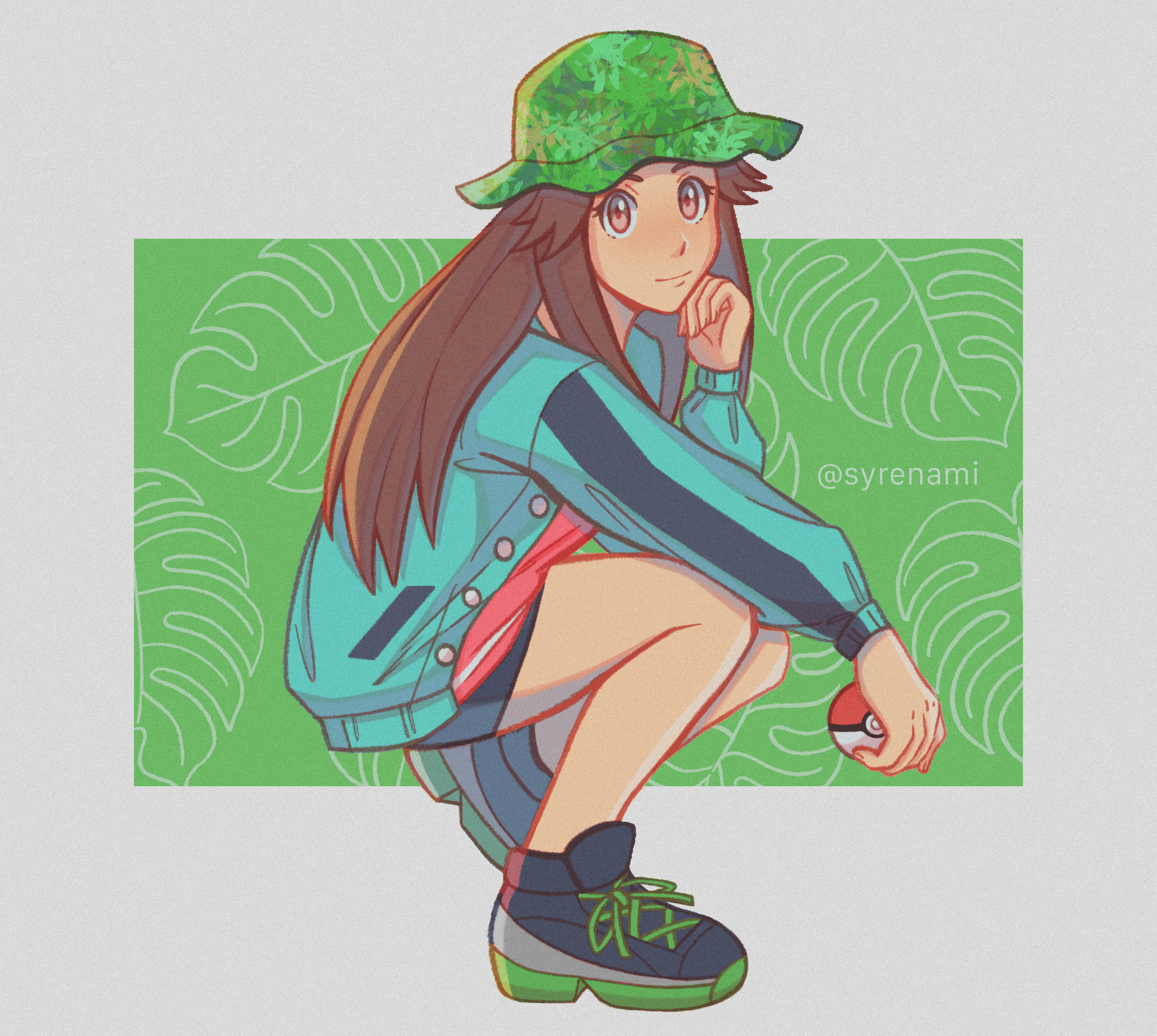 1girl absurdres bike_shorts brown_hair cross-laced_footwear full_body green_hat hat highres holding holding_poke_ball jacket leaf_(pokemon) leaf_(sygna_suit)_(pokemon) looking_at_viewer nintendo official_alternate_costume poke_ball poke_ball_(basic) pokemon pokemon_masters_ex solo squatting syrenami twitter_username