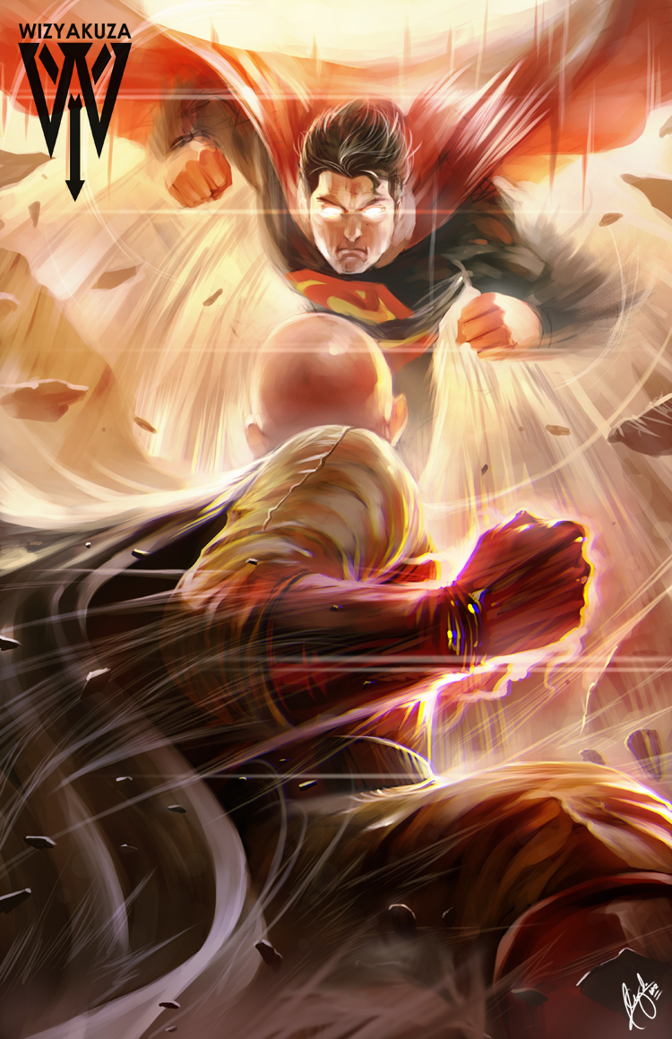 2boys artist_name black_hair cape clenched_hands crossover dc_comics debris gloves glowing glowing_eyes male_focus multiple_boys one-punch_man red_gloves saitama_(one-punch_man) signature superhero_costume superman superman_(series) watermark wind wizyakuza