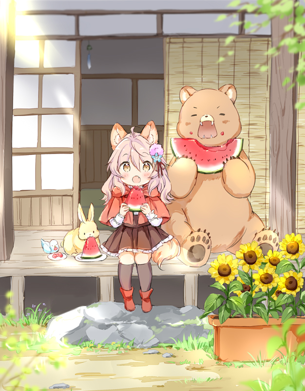 1girl :o animal animal_ears bear bird black_socks blue_flower blush boots brown_eyes brown_skirt building capelet chibi closed_eyes commentary_request day eating fang fangs flower food food_on_face frilled_skirt frills hair_between_eyes hair_flower hair_ornament hair_ribbon holding holding_food hood hood_down hooded_capelet kneehighs long_hair open_mouth original outdoors pink_flower pink_hair pleated_skirt popsicle rabbit red_boots red_capelet red_ribbon ribbon shirt sitting skirt socks solo sunflower sunlight tail veranda wataame27 watermelon_bar white_shirt wolf-chan_(wataame27) wolf_ears wolf_girl wolf_tail yellow_flower