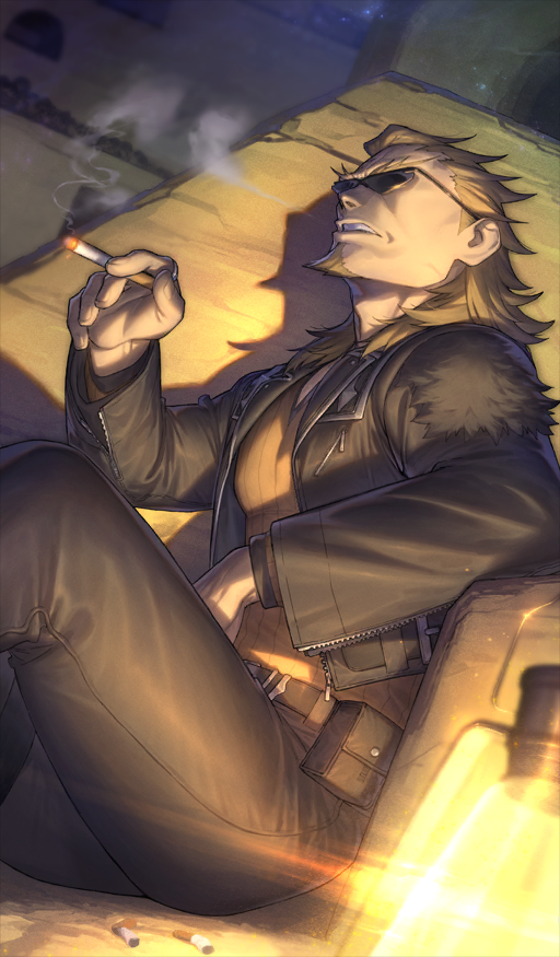 1boy azusa_(hws) belt belt_pouch between_fingers black_jacket black_pants brown_belt brown_facial_hair brown_hair cigarette cigarette_butt commentary_request covered_eyes dutch_angle exhaling_smoke facial_hair fate/apocrypha fate/grand_order fate_(series) glowing goatee holding holding_cigarette jacket lantern leather leather_jacket leg_up long_hair long_sleeves male_focus mullet official_art open_clothes open_jacket orange_shirt pants parted_lips pouch shirt shishigou_kairi sitting smoke smoke_trail smoking solo sunglasses third-party_source v-neck