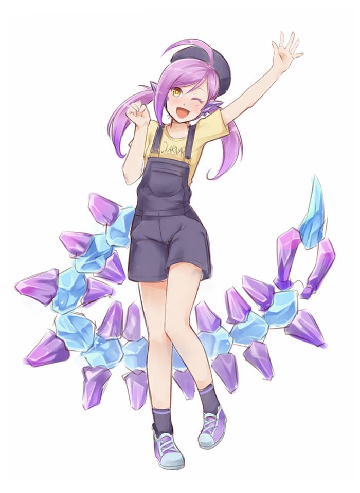 1girl ahoge contemporary female_focus genderswap genderswap_(mtf) hat league_of_legends long_hair looking_at_viewer nam_(valckiry) one_eye_closed open_mouth overalls personification purple_hair scorpion_tail skarner solo tail twintails waving yellow_eyes