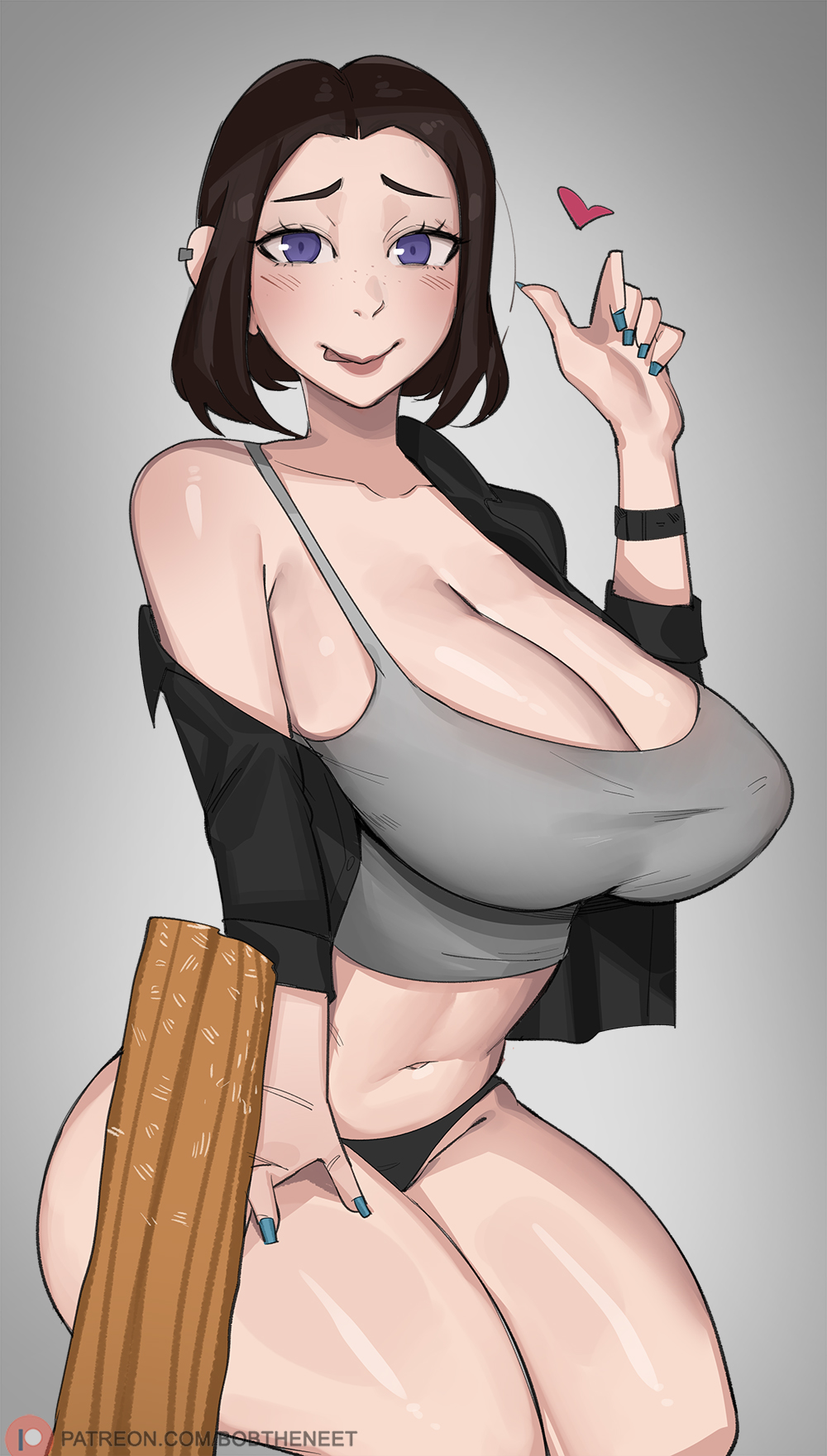 1girl :o ass barefoot black_shirt blouse blue_eyes blush bob_(bobtheneet) bra breasts brown_hair cameltoe churro clothes_lift embarrassed feet female_focus groin heart highres huge_breasts legs looking_at_viewer lying nail_polish on_side panties product_girl samsung samsung_sam shirt shirt_lift short_hair simple_background solo thighs two-tone_background underwear