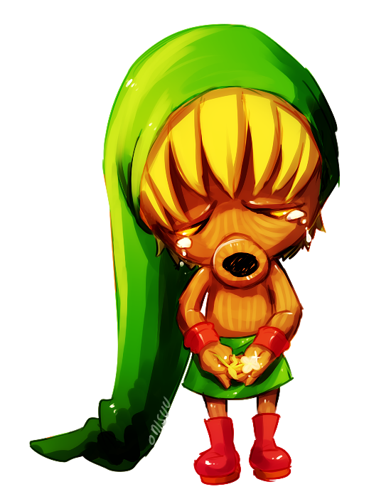 1girl blonde_hair boots commentary crying deku_link deku_scrub english_commentary flower green_hat hat holding holding_flower link looking_down nintendo onisuu orange_boots orange_eyes sad short_hair solo solo_focus standing tearing_up tears the_legend_of_zelda the_legend_of_zelda:_majora&#039;s_mask