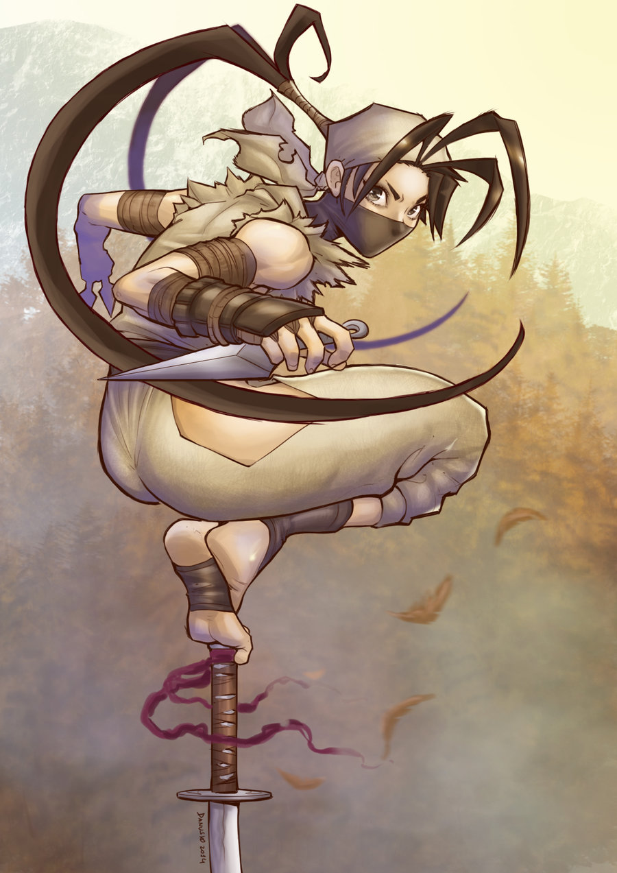 1girl ankle_wrap balancing barefoot danusko feet female_focus half_mask highres hip_vent ibuki_(street_fighter) image_sample japanese_clothes kunai long_hair mask mouth_mask muscular ninja ponytail soles solo street_fighter street_fighter_iii_(series) sword toeless_legwear toes very_long_hair weapon