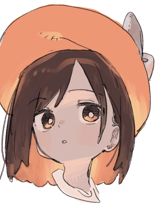 1girl black_eyes brown_hair collared_shirt colored_inner_hair commentary_request fedora hair_behind_ear hat head_only light_blush looking_to_the_side multicolored_hair nama_udon open_mouth orange_hair parted_lips shirt short_hair solo swept_bangs teeth touhou turning_head underlighting usami_renko white_background