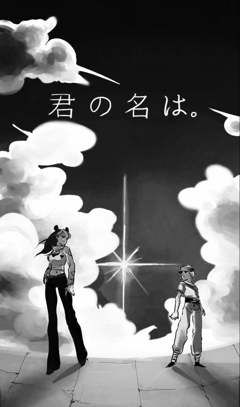 1boy 1girl baseball_cap baseball_uniform cloud double_bun emporio_alnino greyscale hair_bun hat highres irene_(jojo) jojo_no_kimyou_na_bouken kimi_no_na_wa. long_hair midriff monochrome multicolored_hair pants parody sportswear star_(sky) stone_ocean two-tone_hair ummi_ii