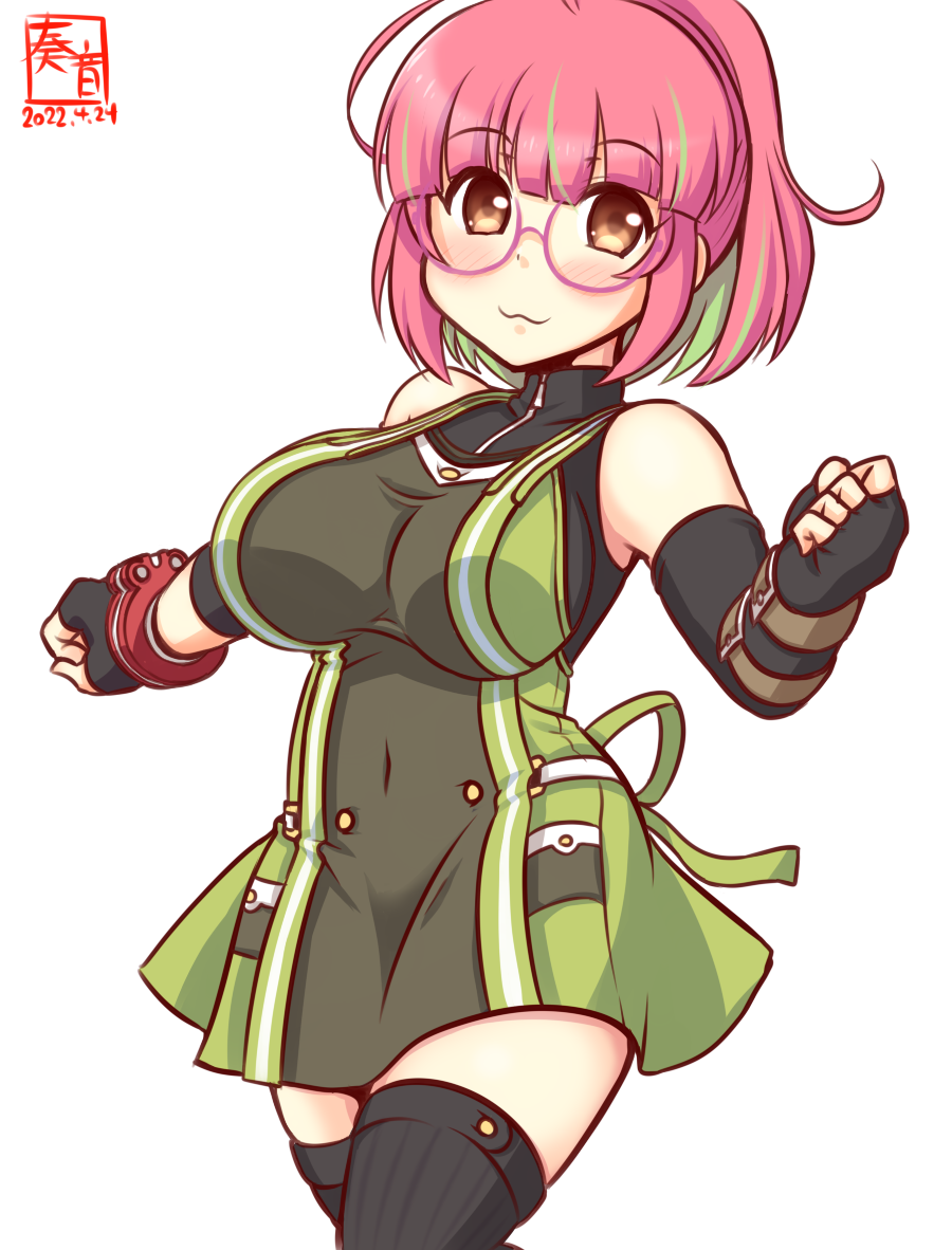 1girl :3 ahoge alternate_costume artist_logo black_dress black_gloves black_thighhighs breasts commentary_request cosplay cosplay_request cowboy_shot daiba_canon dated dress fighting_stance fingerless_gloves glasses gloves god_eater god_eater_2:_rage_burst green_dress green_hair hair_between_eyes kanon_(kurogane_knights) kantai_collection large_breasts logo looking_at_viewer multicolored_hair one-hour_drawing_challenge pink-framed_eyewear pink_hair ponytail red_eyes short_hair simple_background sleeveless sleeveless_dress smile solo streaked_hair thighhighs turtleneck two-tone_dress ume_(kancolle) white_background