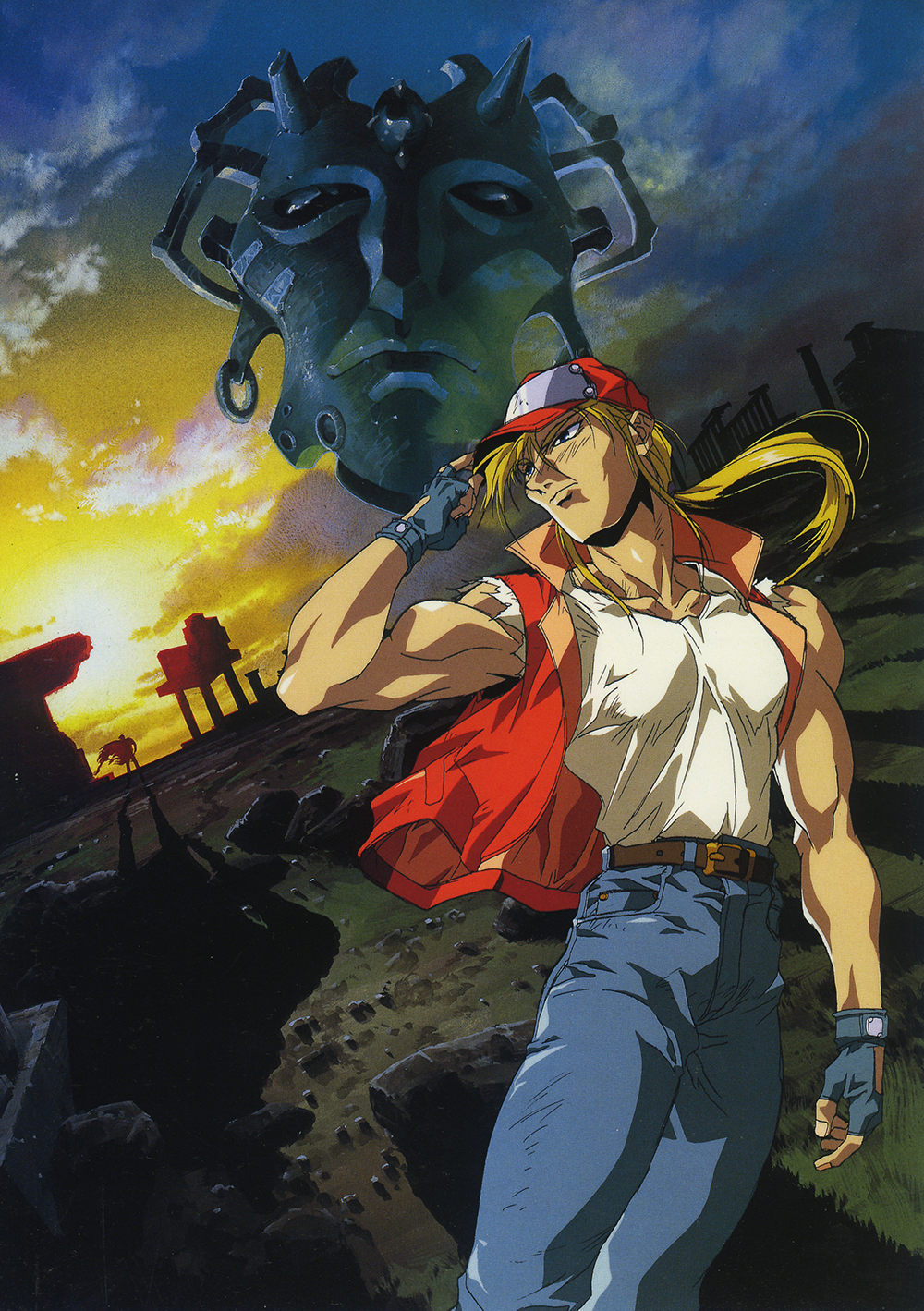 1990s_(style) 2boys adjusting_clothes adjusting_headwear baseball_cap denim fatal_fury fatal_fury:_the_motion_picture fingerless_gloves gloves hat highres jacket jeans laocorn_gaudeamus multiple_boys official_art oobari_masami open_clothes open_jacket outdoors pants retro_artstyle ruins serious shirt sleeveless sleeveless_jacket sunset t-shirt terry_bogard