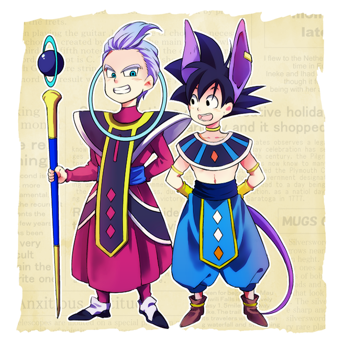 2boys ancient_egyptian_clothes arms_behind_back beerus beerus_(cosplay) black_eyes black_hair blue_eyes child cosplay dragon_ball dragon_ball_z_kami_to_kami dragonball_z happy looking_at_another male_focus multiple_boys open_mouth purple_hair robe rochiko_(bgl6751010) simple_background smile son_goten spiked_hair staff trunks_(dragon_ball) whis whis_(cosplay) white_background