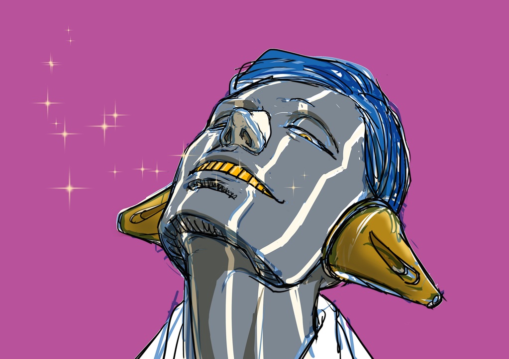 1boy bleach bleach:_sennen_kessen-hen blue_hair chan_dali close-up colored_teeth commentary_request fabulous_secret_powers_(meme) grin half-closed_eyes head_tilt kurotsuchi_mayuri looking_at_viewer makeup male_focus masters_of_the_universe meme nose parody pink_background short_hair simple_background sketch smile sparkle yellow_eyes yellow_teeth