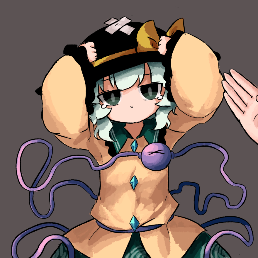 1girl 1other bandaid bandaid_on_clothes bandaid_on_head black_hat blouse buttons commentary_request diamond_button eyeball floral_print frilled_shirt_collar frilled_sleeves frills green_eyes green_skirt grey_background hands_on_headwear hat hat_ribbon heripantomorrow komeiji_koishi long_sleeves medium_hair pain print_skirt ribbon rose_print shirt simple_background skirt tearing_up third_eye touhou upper_body wide_sleeves x_mouth yellow_ribbon yellow_shirt