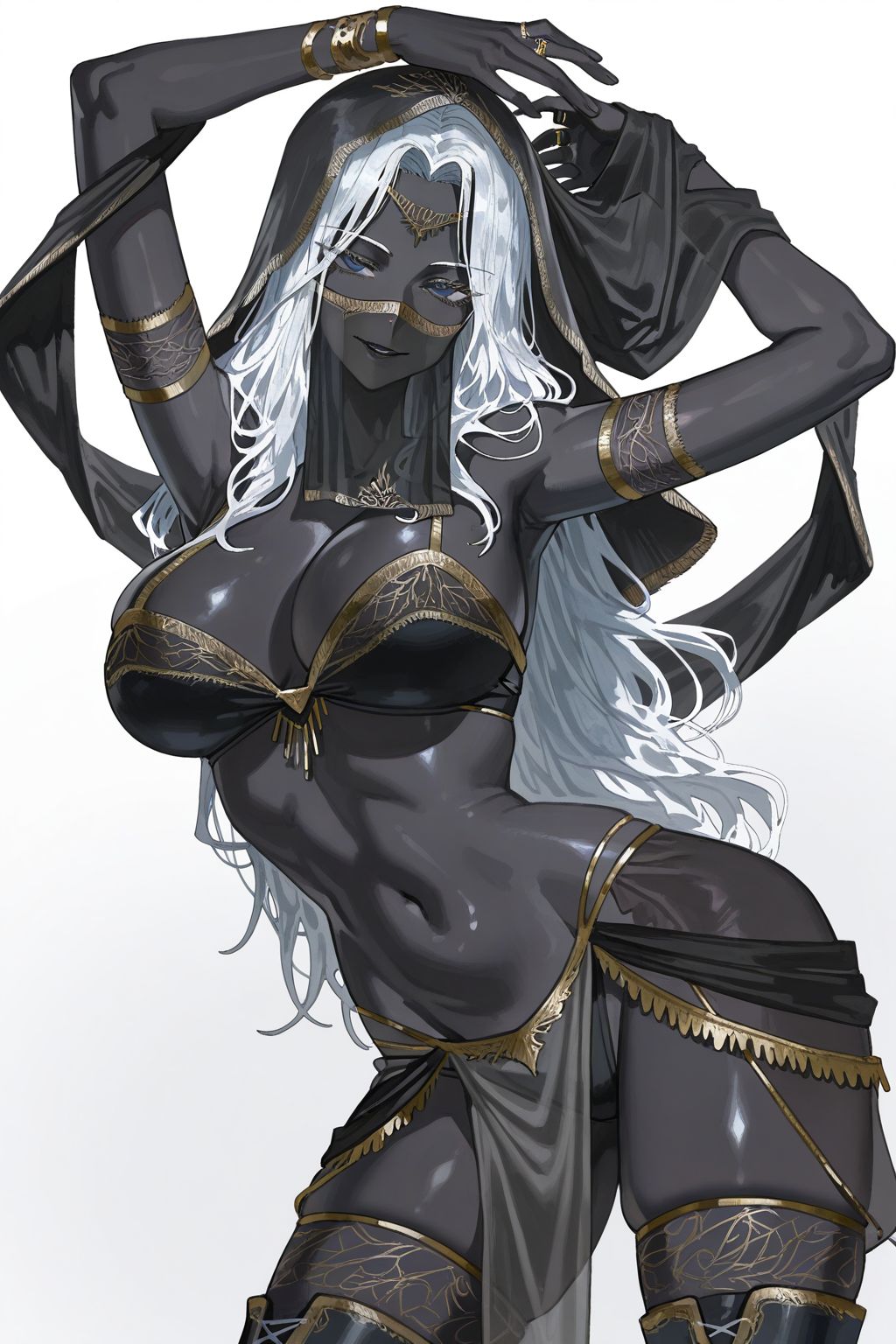 1girl arabian_clothes armpits arms_up bare_arms bare_shoulders beruniart blue_eyes boots breasts dancer dancing elden_ring elden_ring_nightreign highres jewelry large_breasts long_hair mouth_veil navel pelvic_curtain presenting_armpit recluse_(elden_ring) ring seductive_smile smile teeth thigh_boots toned toned_female veil white_hair