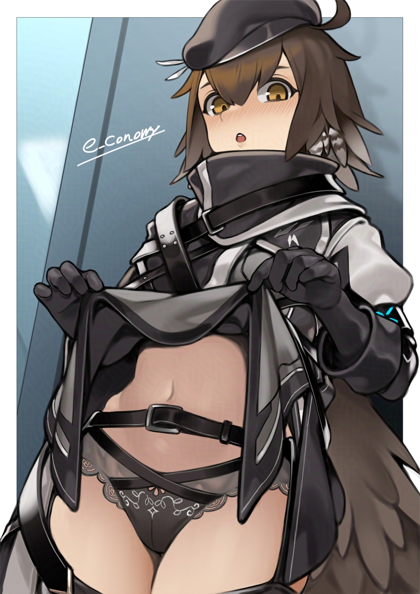 1girl ahoge animal_ears arknights beret black_garter_belt black_garter_straps black_gloves black_panties brown_hair clothes_lift commentary commission e_draw_paint garter_belt garter_straps gloves hair_between_eyes hat lace lace-trimmed_panties lace_trim lifting_own_clothes long_sleeves navel panties plume_(arknights) skeb_commission skirt skirt_lift solo tail underwear