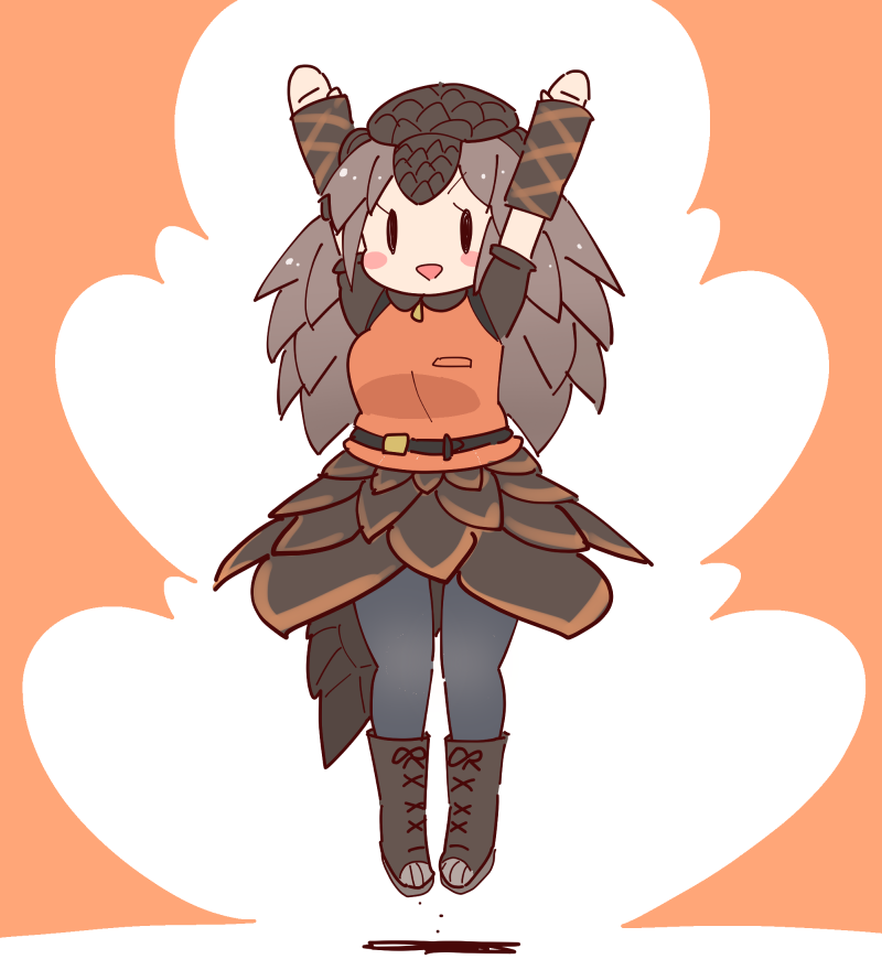 1girl animal_ears arms_up belt boots brown_background brown_hair coroha elbow_gloves extra_ears full_body gloves hat jumping kemono_friends long_hair looking_at_viewer pangolin_ears pangolin_tail pantyhose shirt simple_background skirt solo tail temminck&#039;s_pangolin_(kemono_friends)