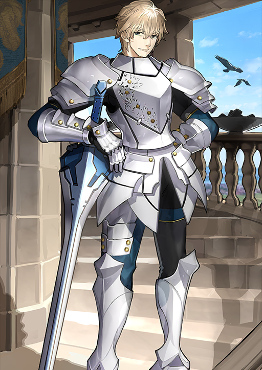 1boy animal armor armored_boots armored_gloves bird black_gloves black_pants black_shirt blonde_hair blue_eyes blue_sky boots breastplate closed_mouth excalibur_galatine_(fate) fate/grand_order fate_(series) faulds gawain_(fate) gloves hair_between_eyes legs_apart looking_at_viewer male_focus official_art pants pauldrons shirt short_hair shoulder_armor sky smile solo stairs standing sword third-party_source variant_set wada_arco weapon