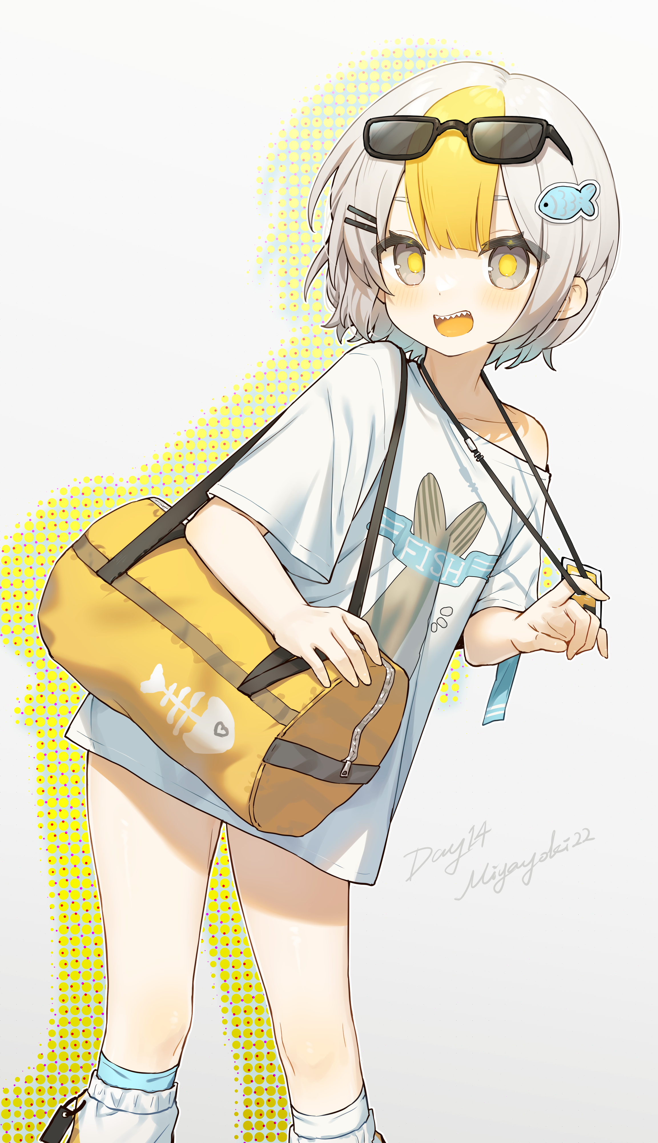 1girl absurdres bag bare_shoulders blonde_hair commentary_request drop_shadow eyewear_on_head feet_out_of_frame fish_hair_ornament grey_eyes grey_hair hair_ornament highres id_card leggings looking_at_viewer miyayoki multicolored_eyes multicolored_hair open_mouth original oversized_clothes oversized_shirt rectangular_eyewear sharp_teeth shirt short_sleeves simple_background smile solo t-shirt teeth two-tone_eyes two-tone_hair upper_teeth_only white_background white_leggings white_shirt yellow_eyes