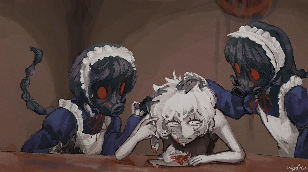 .flow 3girls apron arm_up bare_shoulders black_hair blank_room_soup blue_dress braid cake cake_slice closed_mouth commentary dress english_commentary floating_hair food food_on_face frilled_apron frills gas_mask hand_on_another&#039;s_head hand_up head_down holding holding_spoon indoors juliet_sleeves leaning_forward long_hair long_sleeves looking_at_another louyse_cosa maid maid_(.flow) maid_headdress mask medium_hair messy_hair multiple_girls neck_ribbon pale_skin parody plate puffy_sleeves red_eyes red_ribbon ribbon sabitsuki sanpaku shaded_face signature sleeveless sleeveless_dress spoon swept_bangs table whipped_cream white_apron white_hair
