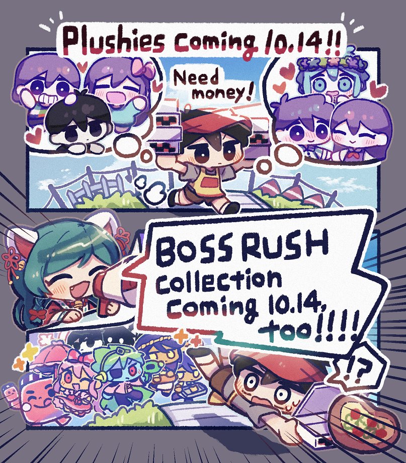 !? 1boy 1girl animal_ears apron aubrey_(headspace)_(omori) aubrey_(omori) baseball_cap basil_(headspace)_(omori) basil_(omori) biscuit_(omori) black_eyes black_hair blush bow box bright_pupils captain_spaceboy cat_ears cat_girl character_doll chibi closed_eyes comic doll doughie_(omori) english_text fang food green_hair grey_shirt hair_bow hat hero_(headspace)_(omori) hero_(omori) holding holding_box holding_megaphone kel_(headspace)_(omori) kel_(omori) life_jam_guy_(omori) long_hair mari_(headspace)_(omori) mari_(omori) megaphone omocat_(character) omori omori_(omori) open_mouth original pink_bow pizza pizza_box red_headwear shirt short_hair smile speech_bubble spoken_interrobang stranger_(omori) stuffed_toy sunny_(omori) sweetheart_(omori) thought_bubble wakame_(vhai26uhykmqb9k) white_pupils yellow_apron