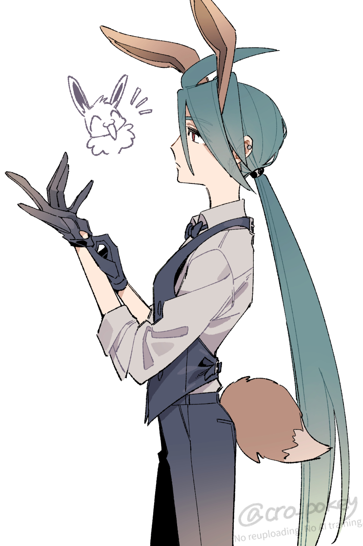 1girl ahoge alternate_costume animal_ears black_bow black_bowtie black_gloves black_pants black_vest bow bowtie clothing_cutout cowboy_shot eevee eevee_ears eevee_tail from_side gen_1_pokemon gloves green_hair grey_shirt kemonomimi_mode long_hair low_ponytail nintendo pants pokemon pokemon_sv ponytail profile putting_on_gloves red_eyes rika_(pokemon) shirt shougo-akira simple_background solo standing tail tail_through_clothes twitter_username vest white_background