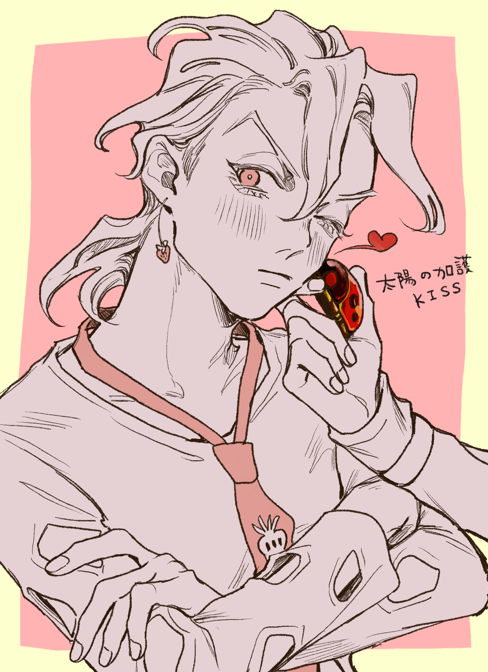 2boys absurdres blush bug clothing_cutout crossed_arms double-parted_hair earrings english_text food-themed_earrings food_themed_earrings giorno_giovanna hair_between_eyes head_tilt heart highres insect jewelry jojo_no_kimyou_na_bouken ladybug male_focus multiple_boys necktie okokoro_zaiku one_eye_closed out_of_frame pannacotta_fugo partially_colored pink_background pink_eyes pink_necktie pink_theme shirt strawberry_earrings upper_body vento_aureo yaoi