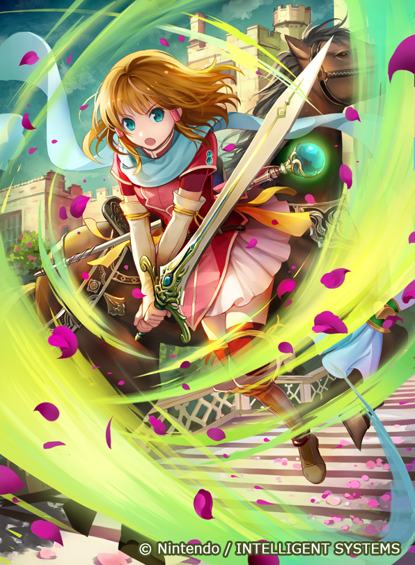 &gt;:o 1girl :o aqua_eyes blue_scarf blue_sky boots brown_boots brown_hair castle cloud company_name copyright_name day elbow_gloves female_focus fire_emblem fire_emblem:_path_of_radiance fire_emblem_cipher floating_hair full_body gloves hair_tubes holding holding_sword holding_weapon horse knee_boots konfuzikokon looking_at_viewer magic magical_sword mist_(fire_emblem) nintendo official_art open_mouth outdoors petals red_thighhighs scarf serious short_hair short_sleeves skirt sky solo staff stairs sword thighhighs weapon white_skirt
