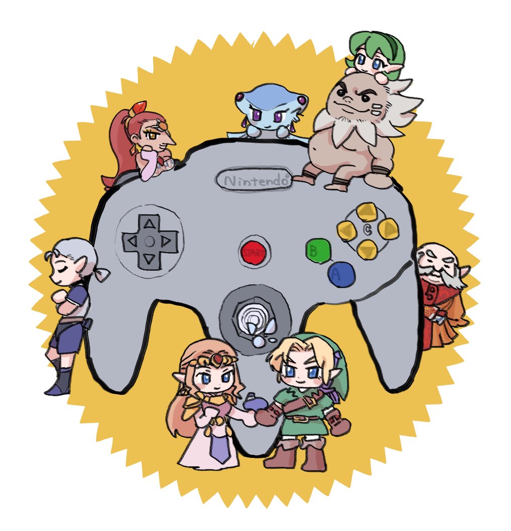 3boys 5girls belt blonde_hair boots brown_belt brown_footwear brown_gloves commentary_request darunia deformed dress facial_hair fairy gerudo gloves goron green_hat green_tunic grey_hair hat head_rest hiding holding_hands impa instrument kokiri link long_dress long_hair master_sword multiple_boys multiple_girls mustache nabooru navi nintendo nintendo_64_controller ocarina orange_hair pink_dress princess_ruto princess_zelda rauru_(ocarina_of_time) red_hair red_robe robe saria_(zelda) sword sword_on_back the_legend_of_zelda the_legend_of_zelda:_ocarina_of_time tunic two-tone_background weapon weapon_on_back white_background yamori_(yamoooon21) yellow_background zora