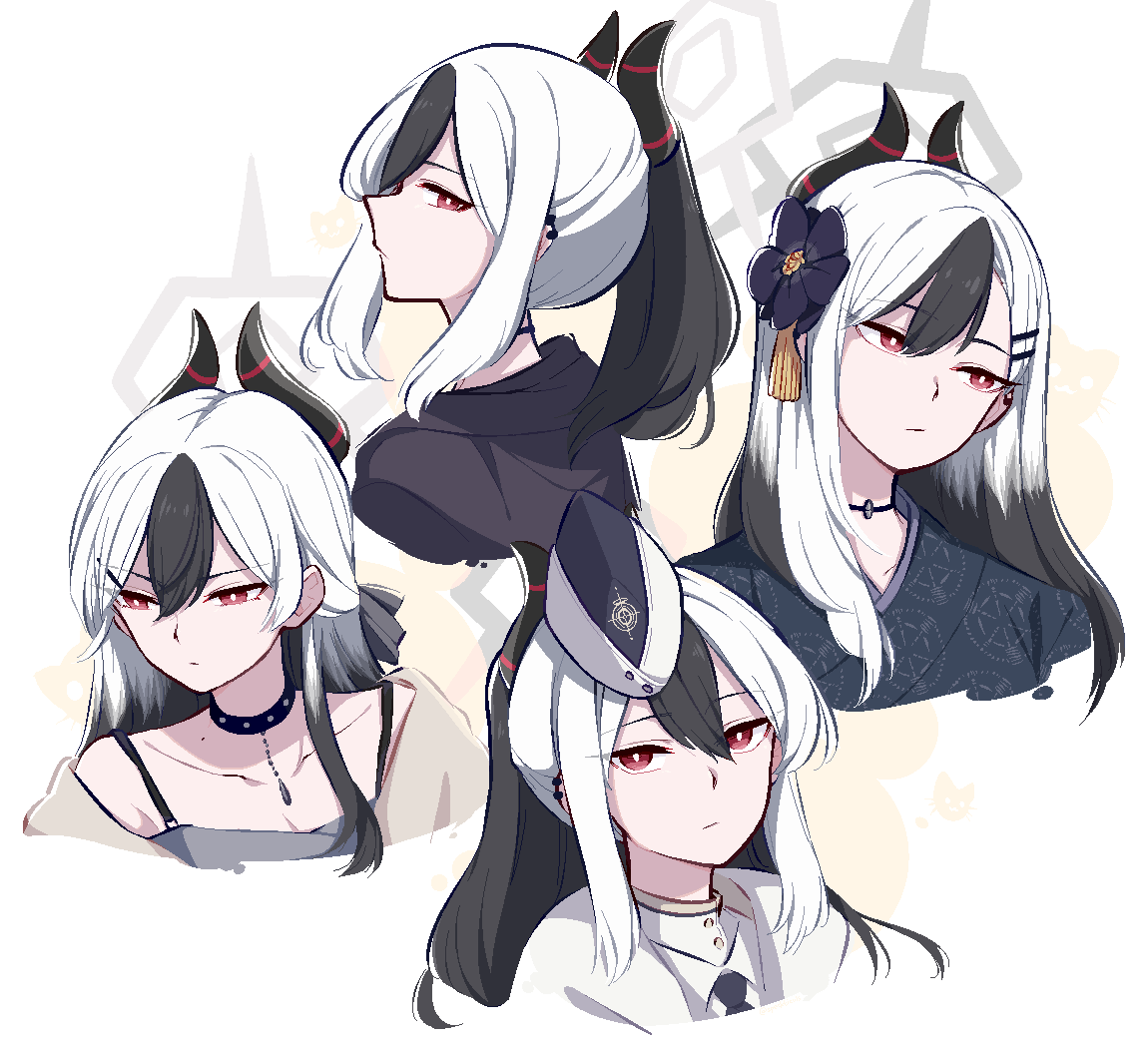 1girl black_choker black_dress black_hair black_horns black_kimono blue_archive choker closed_mouth demon_horns dress grey_halo halo horns japanese_clothes kayoko_(blue_archive) kayoko_(dress)_(blue_archive) kayoko_(new_year)_(blue_archive) kimono long_hair multicolored_hair multiple_views official_alternate_costume ponytail red_eyes speckticuls utnapishtim_operator_uniform_(blue_archive) white_hair