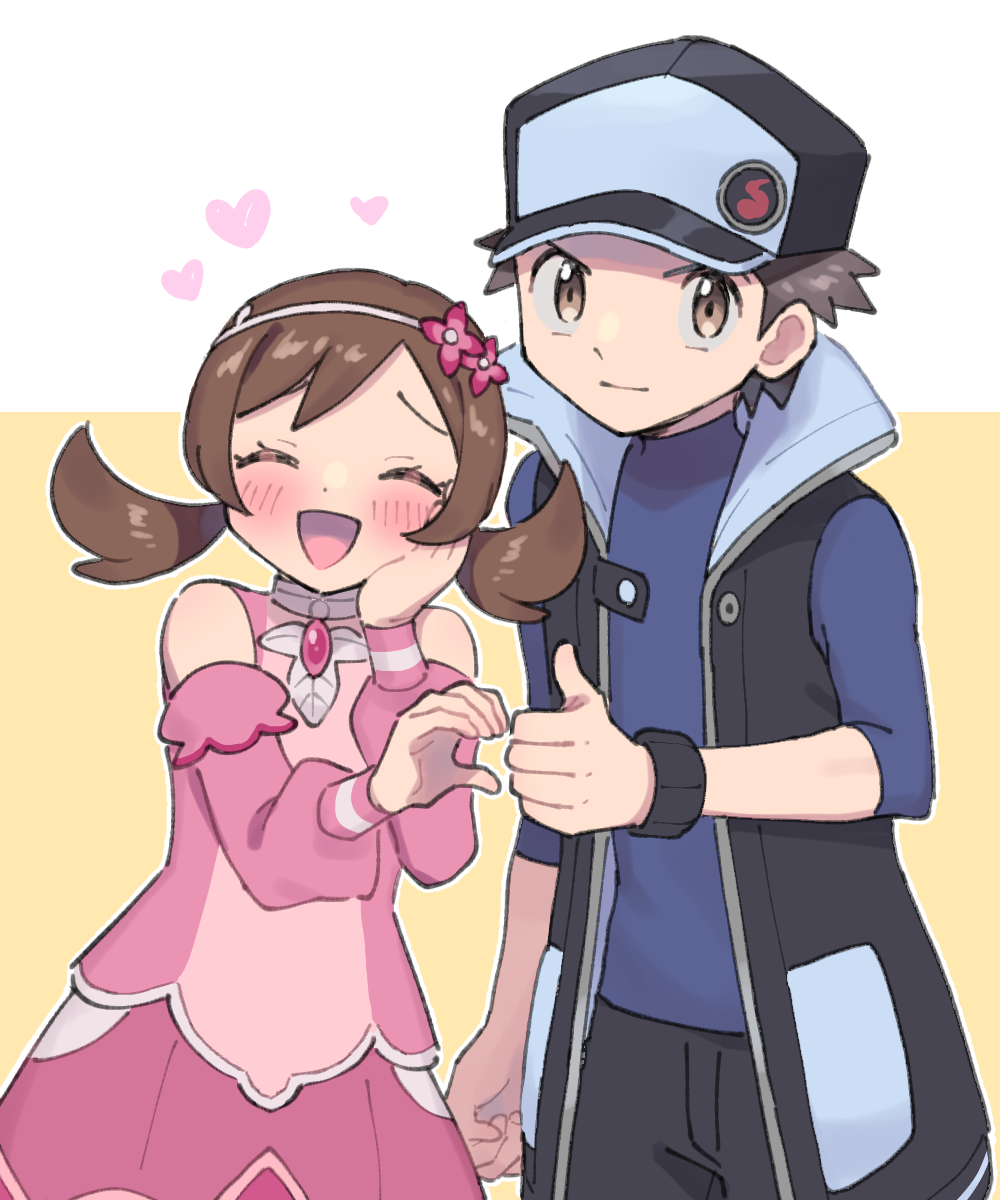 1boy 1girl black_hat black_vest blue_shirt blush brown_eyes brown_hair commentary_request creatures_(company) detached_sleeves dress game_freak hairband hand_on_own_cheek hand_on_own_face hat heart heart_hands_failure highres long_sleeves lyra_(pokemon) lyra_(sygna_suit)_(pokemon) nintendo official_alternate_color open_mouth pink_dress pink_hairband pokemon pokemon_masters_ex puffy_long_sleeves puffy_sleeves pumpkinpan raised_inner_eyebrows red_(pokemon) red_(sygna_suit)_(pokemon) shirt smile thumbs_up turtleneck turtleneck_shirt twintails v-shaped_eyebrows vest