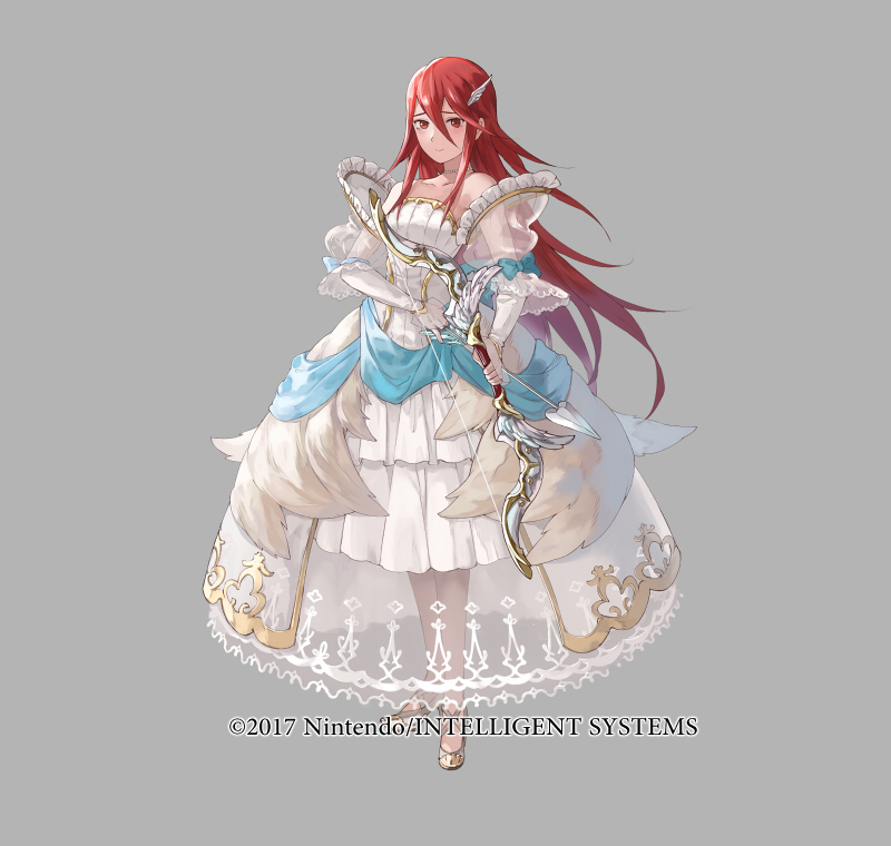 1girl arrow_(projectile) bare_shoulders bow_(weapon) breasts bridal_gauntlets collarbone copyright_notice cordelia_(fire_emblem) cordelia_(perfect_bride)_(fire_emblem) dress fire_emblem fire_emblem_awakening fire_emblem_heroes frills full_body grey_background hair_ornament high_heels holding holding_bow_(weapon) holding_weapon jewelry long_hair looking_at_viewer mayo_(becky2006) medium_breasts necklace nintendo official_art pearl_necklace red_eyes red_hair ribbon sleeveless sleeveless_dress smile solo weapon wedding_dress white_dress