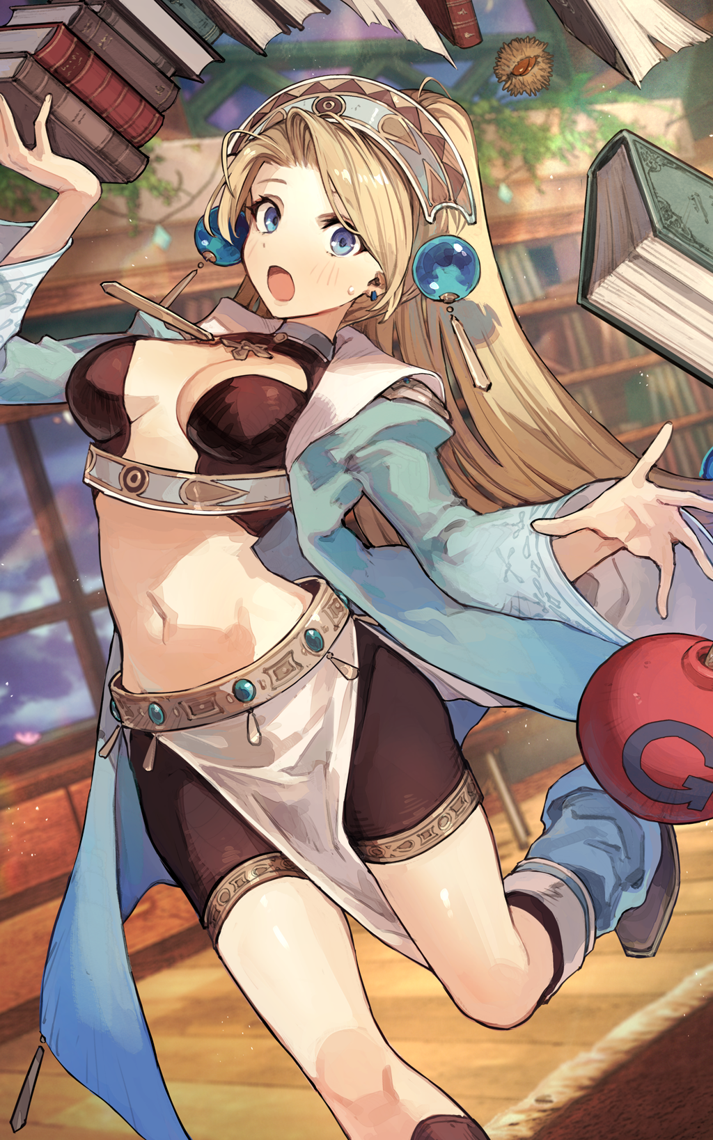 1girl :o atelier_(series) atelier_marie atelier_resleriana black_shorts blonde_hair blue_eyes bomb book book_stack bookshelf breasts coat crop_top earrings explosive falling highres holding holding_book indoors jewelry leg_warmers loincloth long_hair long_sleeves looking_at_viewer low-tied_long_hair marlone medium_breasts navel non-web_source official_art open_clothes open_coat open_mouth ponytail reaching shoes shorts solo standing standing_on_one_leg sweatdrop window