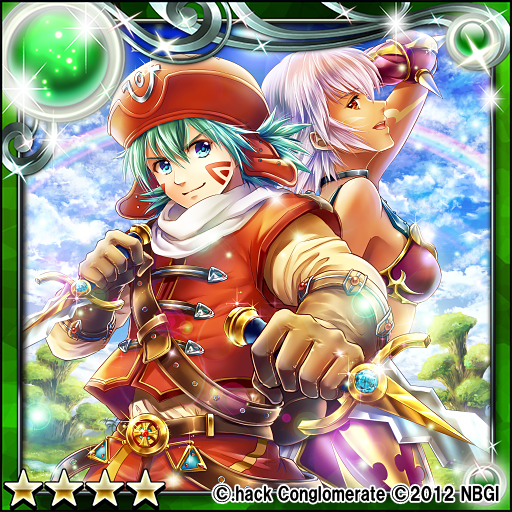 .hack// .hack//tasogare_no_udewa_densetsu 1boy 1girl 2012 aqua_hair belt blue_eyes breasts closed_mouth copyright_name dagger dated dual_wielding facial_mark gloves guilty_dragon hat holding holding_weapon kinota kite_(.hack//) knife long_sleeves looking_at_viewer male_focus official_art red_hat reverse_grip short_hair v-shaped_eyebrows weapon