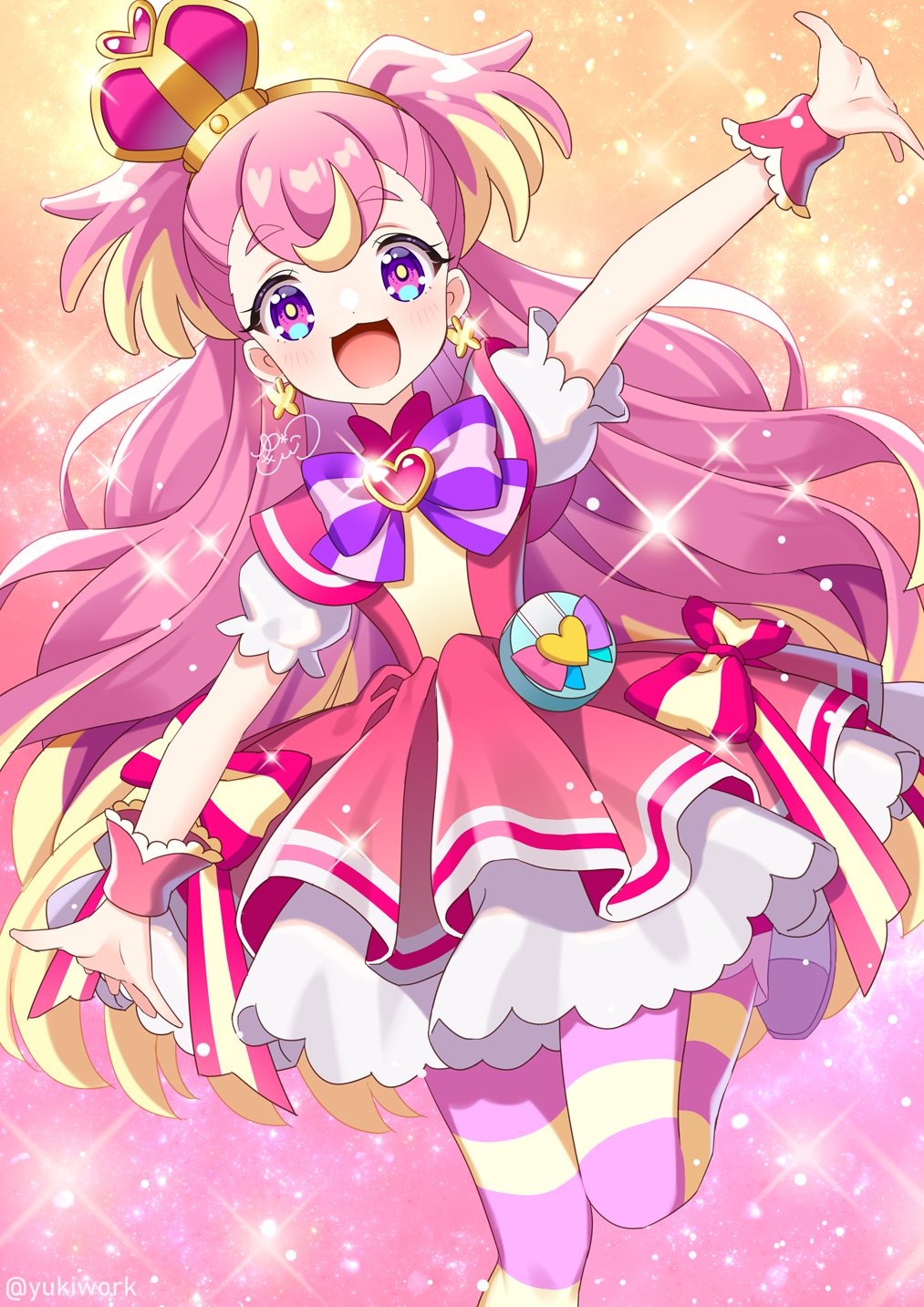 1girl :3 :d arm_up artist_logo blonde_hair boots bow bowtie commentary crown cure_wonderful detached_sleeves dress dress_bow earrings gradient_background highres inukai_komugi jewelry leg_up light_particles logo long_hair looking_at_viewer magical_girl mini_crown multicolored_hair open_mouth outstretched_arms pantyhose petticoat pink_crown pink_dress pink_hair pink_headwear pink_pantyhose pouch precure puffy_detached_sleeves puffy_sleeves purple_bow purple_bowtie purple_eyes short_dress signature smile solo sparkle spread_arms standing standing_on_one_leg striped_clothes striped_pantyhose tilted_headwear twitter_username two-tone_hair two_side_up very_long_hair white_boots wonderful_precure! wrist_cuffs yellow_pantyhose yukinko_(yukiwork)