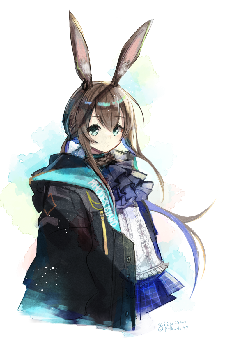1girl amiya_(arknights) animal_ears arknights artist_name ascot black_jacket blue_ascot blue_eyes blue_skirt brown_hair closed_mouth cropped_legs dot_mouth hair_between_eyes jacket jewelry looking_at_viewer mizutama_(mizutamalion) necklace open_clothes open_jacket rabbit_ears shirt skirt solo twitter_username white_background white_shirt