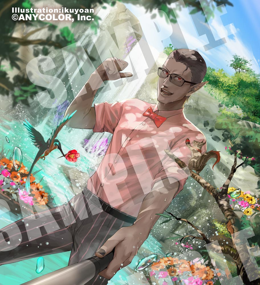 1boy :d artist_name belt bird black-framed_eyewear black_belt black_nails black_pants blue_sky bow bowtie brown_hair cloud copyright_name dark-skinned_male dark_skin english_text flower glasses gwelu_os_gar hummingbird ikuyoan male_focus nijisanji official_art open_mouth pants pink_shirt pointy_ears red_bow red_bowtie red_eyes red_flower sample_watermark shirt sky smile solo squirrel striped_clothes striped_pants teeth tongue tree virtual_youtuber water water_drop waterfall watermark yellow_flower