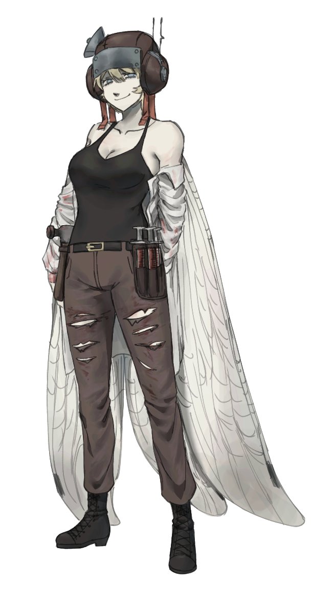1girl belt black_boots black_tank_top blonde_hair blood blood_on_clothes blue_eyes boots brown_pants c&#039;venash_vishneri dsrfrpprvl hammer insect_wings jacket looking_at_viewer pants psychopomp_(game) psychopomp_(helmet) smile solo syringe tank_top torn_clothes torn_pants white_background white_jacket wings