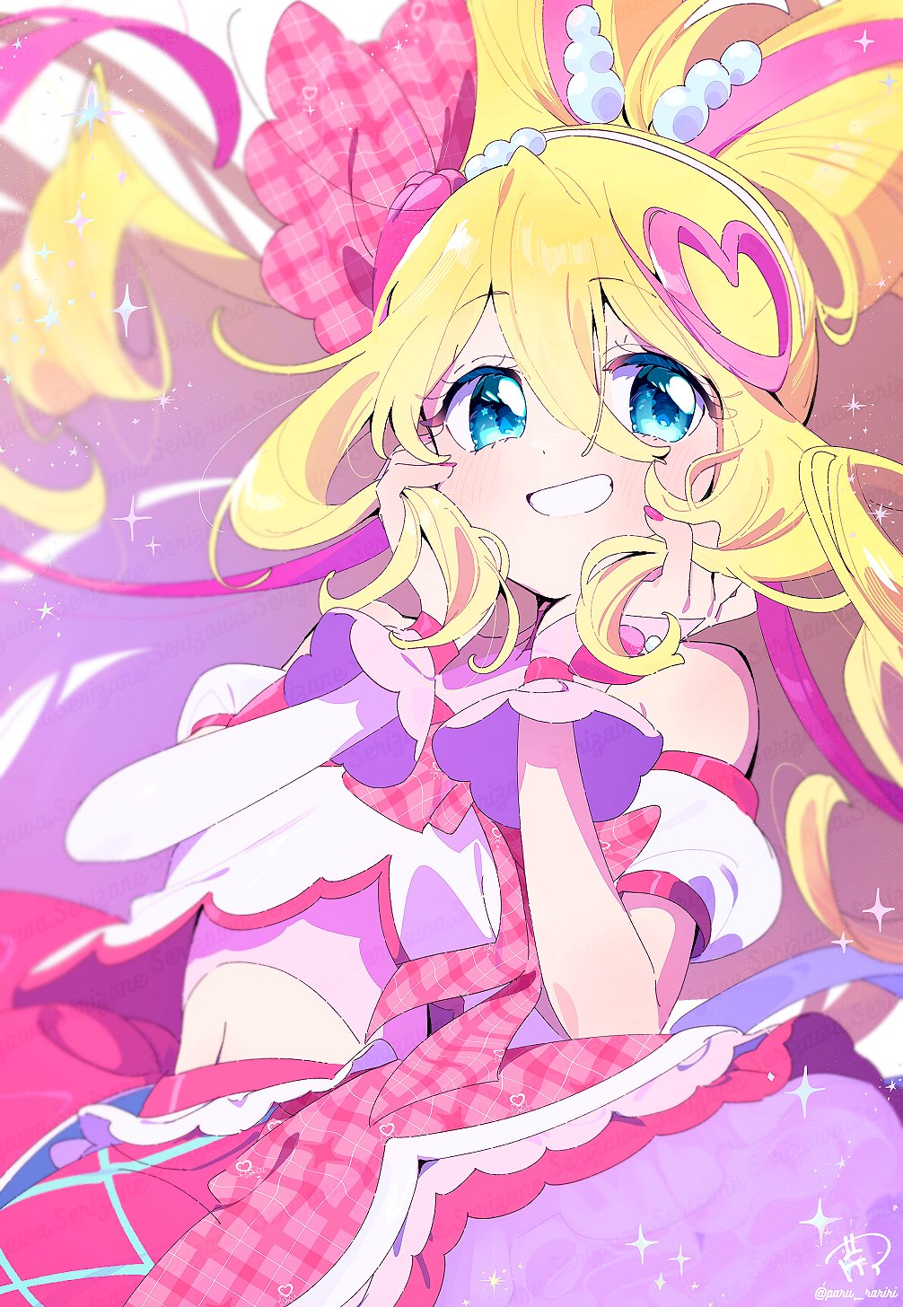 1girl bare_shoulders big_hair blonde_hair blue_eyes bow-shaped_hair bracelet bridal_gauntlets cowboy_shot cropped_shirt cure_idol detached_sleeves dot_nose eyelashes floating_hair grin hair_between_eyes hair_bobbles hair_ornament hair_ribbon hands_on_own_cheeks hands_on_own_face happy heart heart_hair_ornament high_ponytail highres holding holding_own_hair jewelry kimi_to_idol_precure light_blush light_particles long_hair long_sleeves magical_girl midriff miniskirt nail_polish navel paru_rari petticoat pink_bridal_gauntlets pink_nails pink_ribbon pink_shirt pink_skirt plaid_clothes plaid_ribbon plaid_shirt plaid_skirt ponytail precure puffy_short_sleeves puffy_sleeves ribbon sakura_uta_(precure) shirt short_sleeves signature simple_background single_detached_sleeve skirt skirt_set smile solo sparkle swept_bangs tareme twitter_username very_long_hair wavy_hair white_background white_headphones white_sleeves