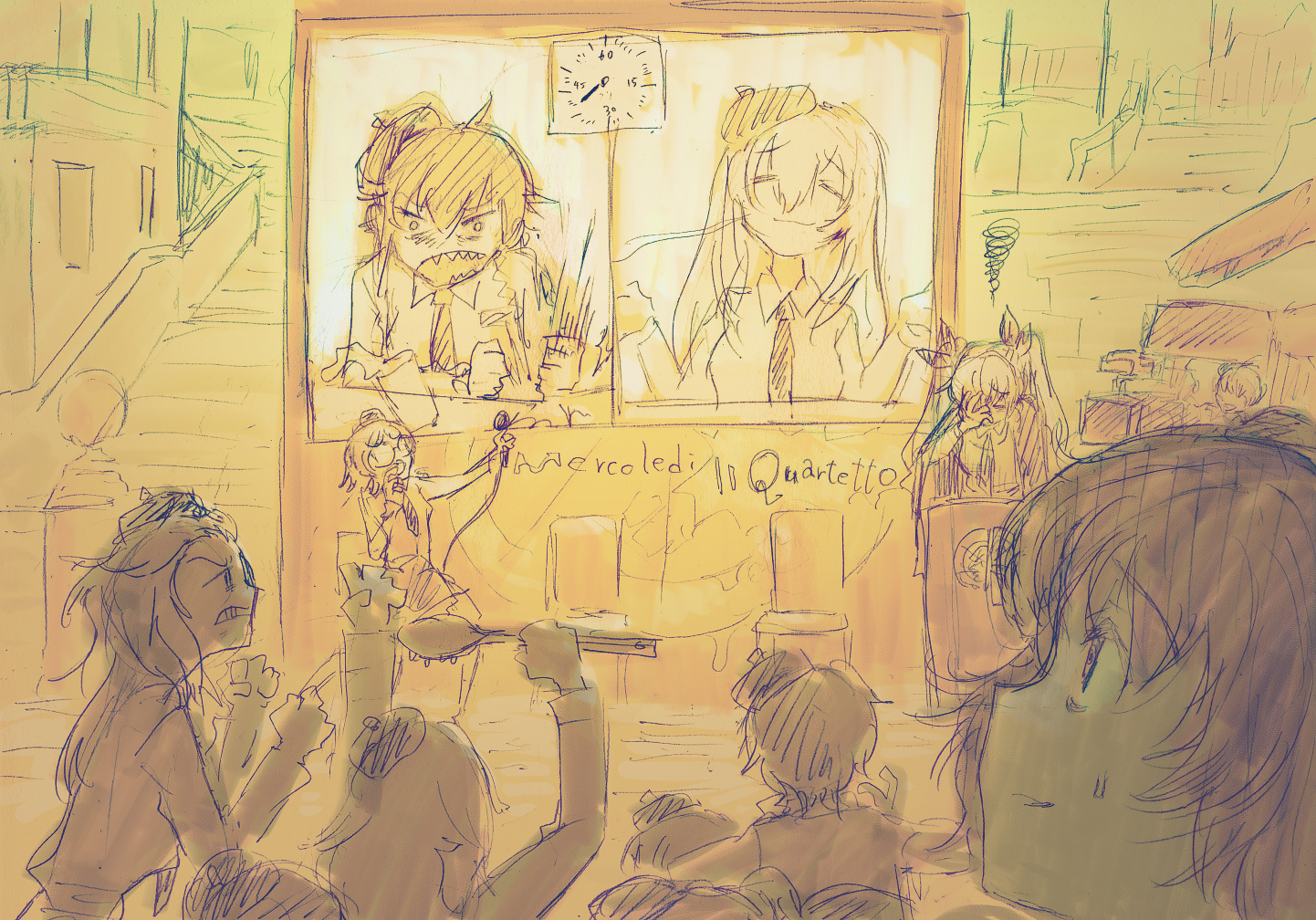 6+girls amaretto_(girls_und_panzer) anchovy_(girls_und_panzer) angry anzio_(emblem) anzio_school_uniform arguing beret black_cape black_necktie black_ribbon black_skirt cape carpaccio_(girls_und_panzer) chair clenched_hand clock crowd debate desk_slam dress_shirt drill_hair election emblem facepalm food_stand girls_und_panzer glasses hair_ribbon hat holding holding_spoon italian_text microphone multiple_girls necktie panettone_(girls_und_panzer) partially_colored payama pepperoni_(girls_und_panzer) podium projector_screen raised_fist ribbon school_uniform screen sharp_teeth shirt shouting shrugging skirt spill spoon stairs sweatdrop teeth twin_drills white_shirt worried