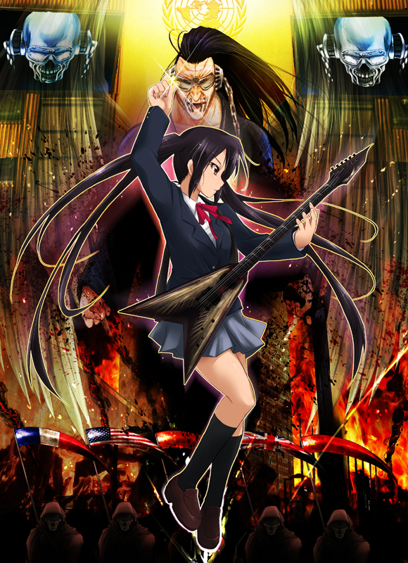 1girl american_flag arm_up black_hair black_socks blazer blood building buttons chain china cloak electric_guitar expressionless fire flag flat_chest floating_hair france french_flag gibson_flying_v glint guitar hammer_and_sickle headphones heavy_metal holding hood instrument jacket k-on! kaiga kneehighs loafers long_hair looking_away looking_down megadeth miniskirt music nakano_azusa neck_ribbon orange_eyes placard playing_instrument pleated_skirt plectrum ribbon russia school_uniform scythe shoes sign skirt skull socks standing sunglasses twintails union_jack united_abominations united_kingdom united_states very_long_hair vic_rattlehead weapon