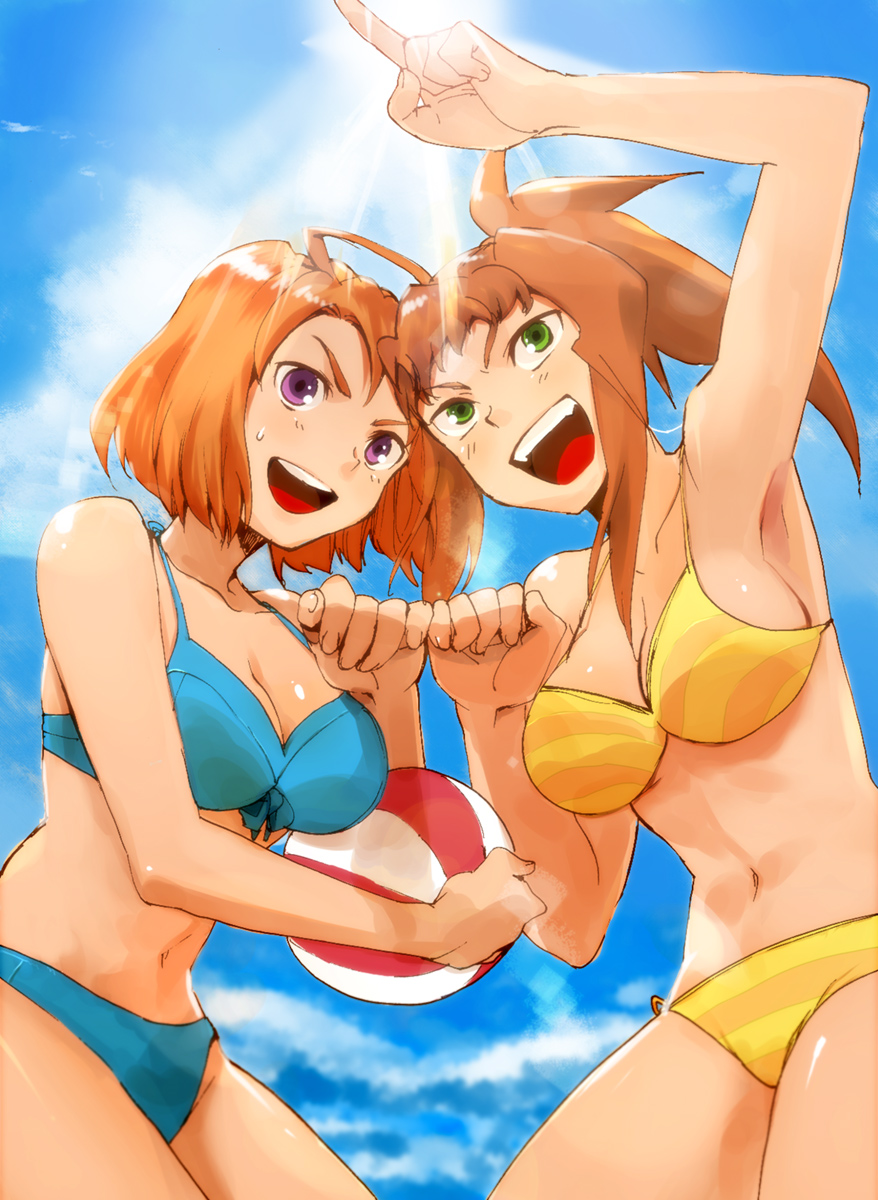 00s aoba_(smartbeat) armpits ball beachball bikini breasts brown_hair cleavage green_eyes highres large_breasts long_hair my-hime pointing ponytail purple_eyes short_hair sugiura_midori swimsuit tokiha_mai