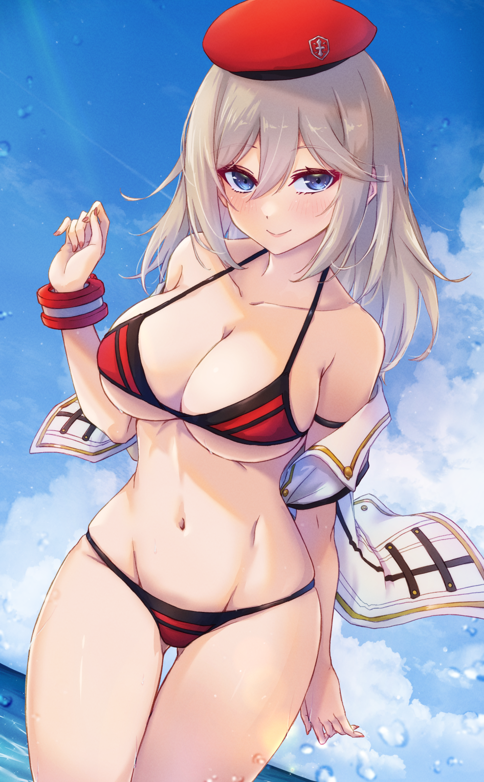 1girl adapted_costume alisa_ilinichina_amiella arm_strap bare_shoulders beach beret bikini blue_eyes blue_sky blurry breasts buttons caustics cleavage closed_mouth cloud collarbone collared_shirt commentary_request commission contrail cowboy_shot cuffs day double-parted_bangs dutch_angle emblem fingernails gluteal_fold god_eater god_eater_2:_rage_burst grey_hair groin hair_between_eyes halterneck hand_up hat highres large_breasts light_blush light_rays light_smile long_fingernails long_hair looking_at_viewer nail_polish navel ocean off_shoulder open_clothes open_shirt outdoors red_bikini red_hat red_nails shirt short_sleeves sidelocks skeb_commission skindentation sky smile solo standing stomach straight_hair string_bikini sunbeam sunlight swimsuit thigh_gap waa!_okami water water_drop white_hair white_shirt