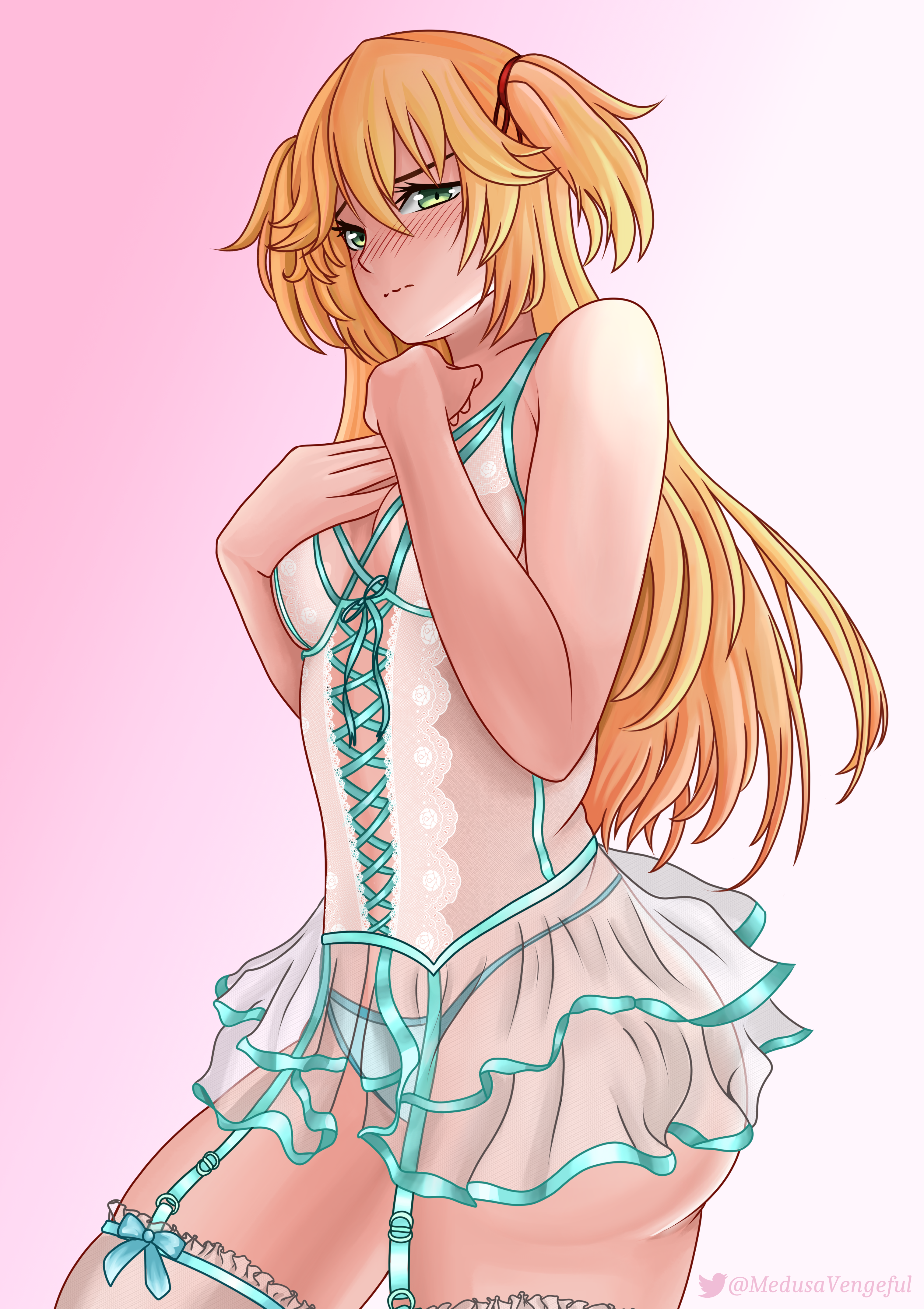 admiral_hipper_(azur_lane) ass blonde_hair blush breasts embarrassed green_eyes huge_ass lingerie long_hair original small_breasts tsundere underwear vengefulmedusa wide_hips