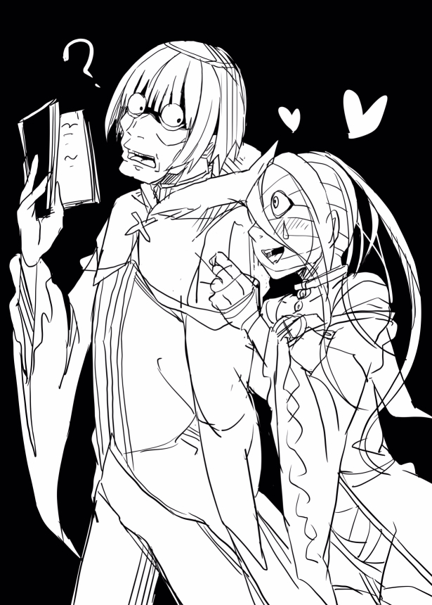 1boy 1girl ? bandages book long_hair petelgeuse_romaneeconti re:zero_kara_hajimeru_isekai_seikatsu short_hair sirius_(re:zero)